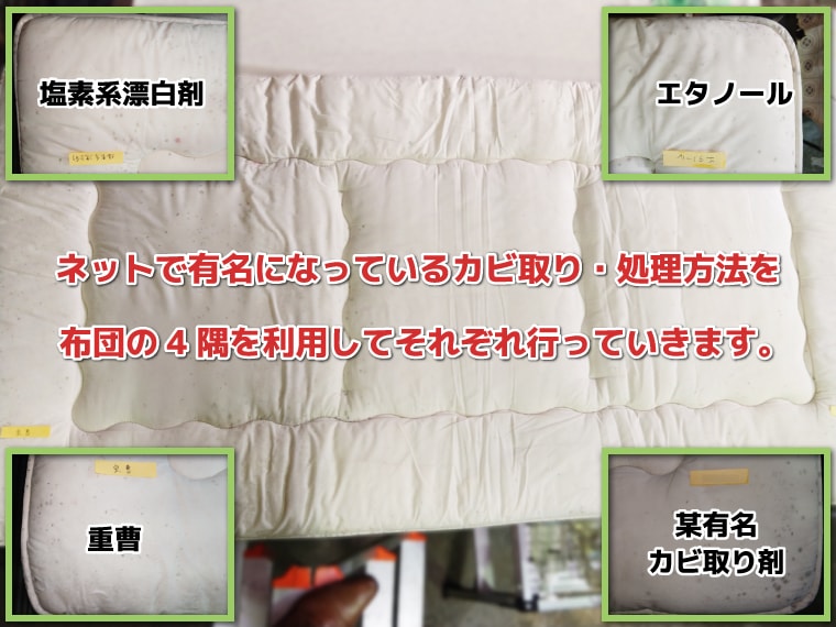 塩素系漂白剤、エタノール、重曹、某有名カビ取り剤の4種類を使用してカビ取り処理を行ってみます。