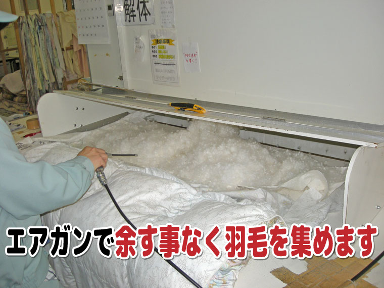 エアガンで余す事なく羽毛を集めます